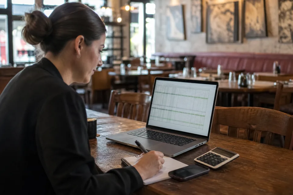 Restaurant marketing manager working out monthly texting costs on a laptop