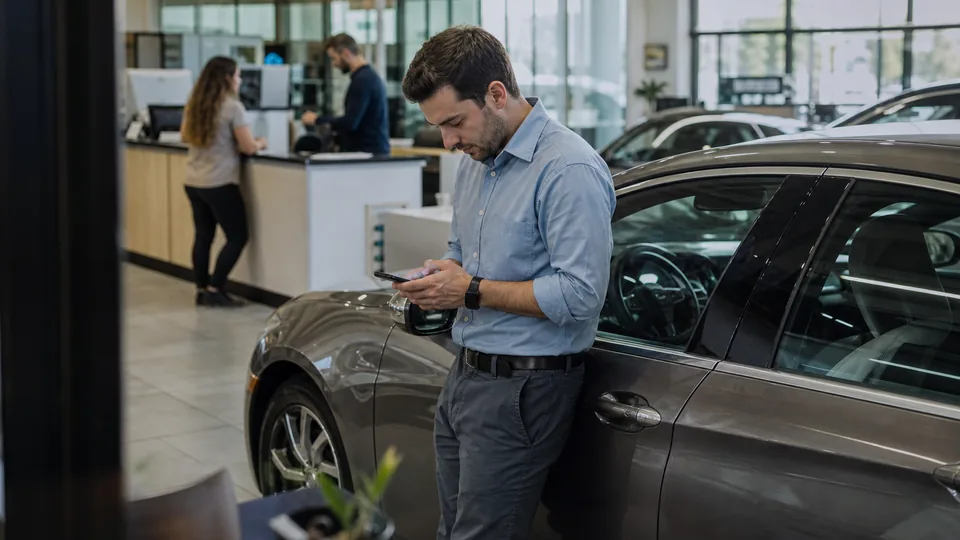 Car dealership salesperson texting a customer from the showroom floor