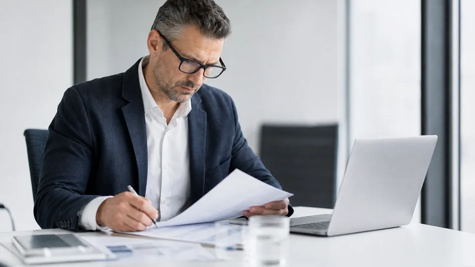 Compliance manager reviewing printed consent records at a meeting table