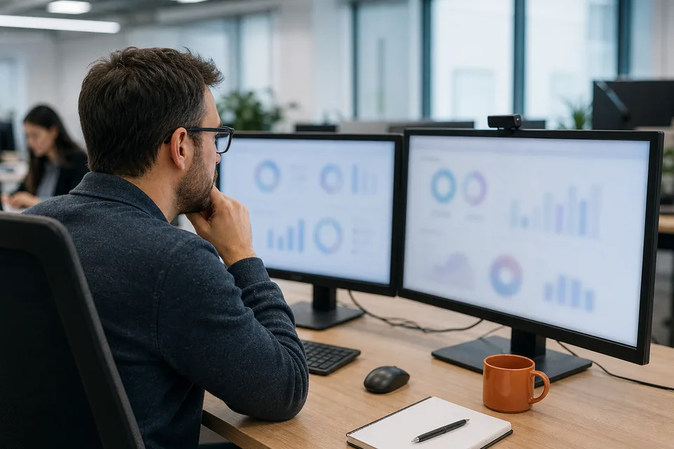 Sales manager at a dual monitor desk reviewing pipeline activity