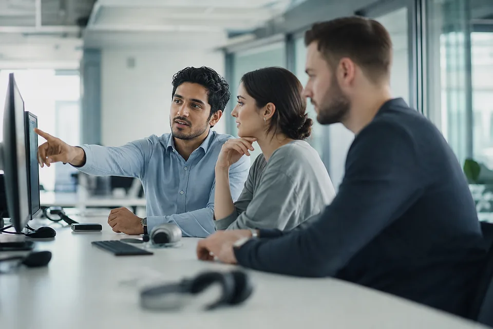 Three person sales team at a long desk discussing a lead reply