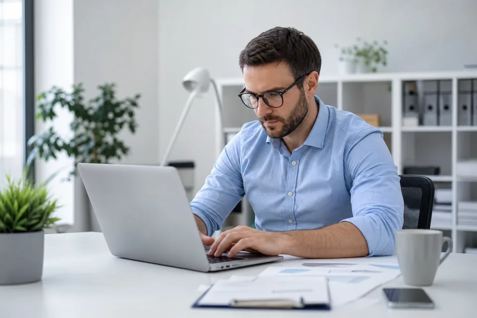 Business owner filling in company registration details on a laptop at a clean office desk