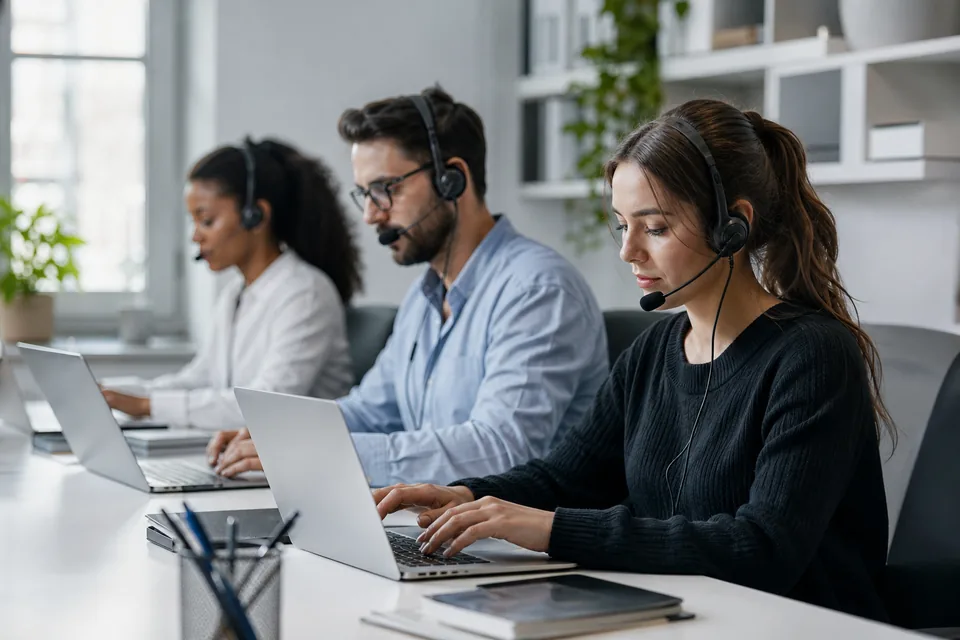 Small office team at a shared desk answering customer texts on laptops