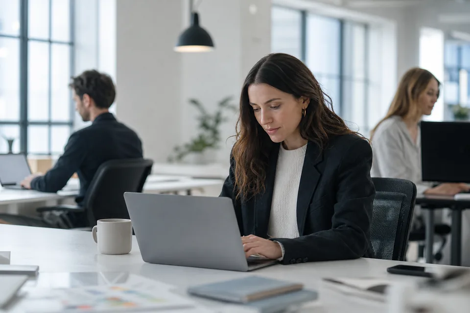 Agency account manager working between two client laptops