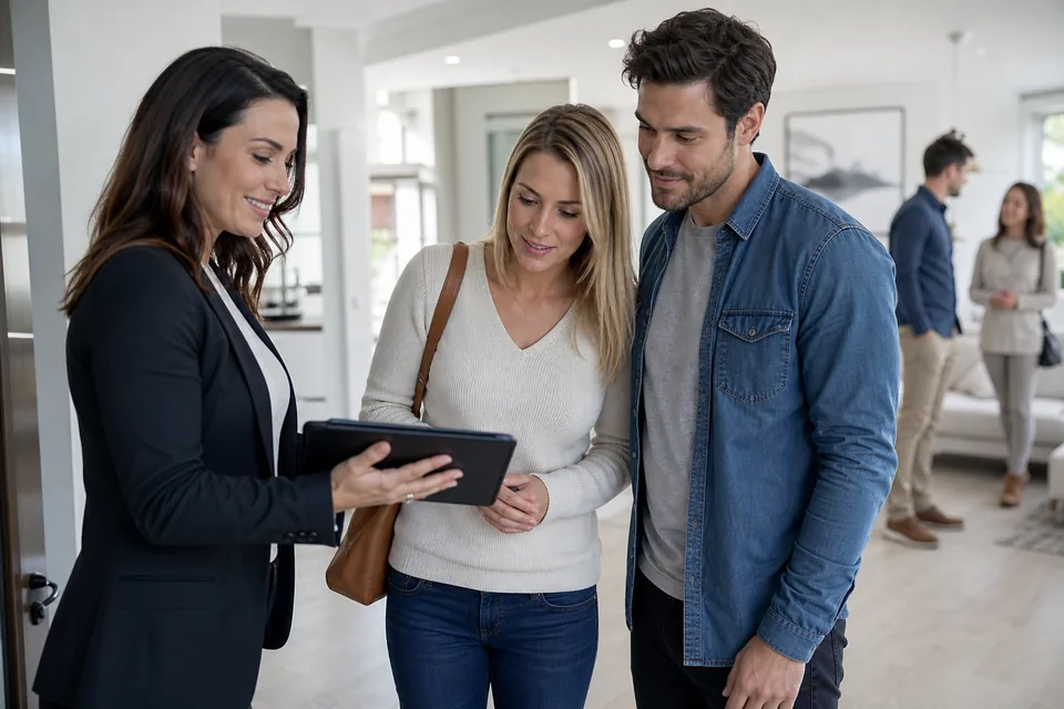 Real estate agent holding a tablet at an open house
