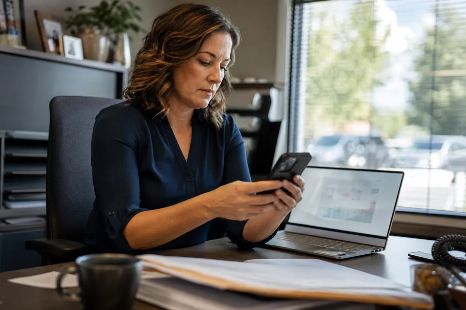 Independent insurance agent reading a client text at her agency desk next to renewal folders
