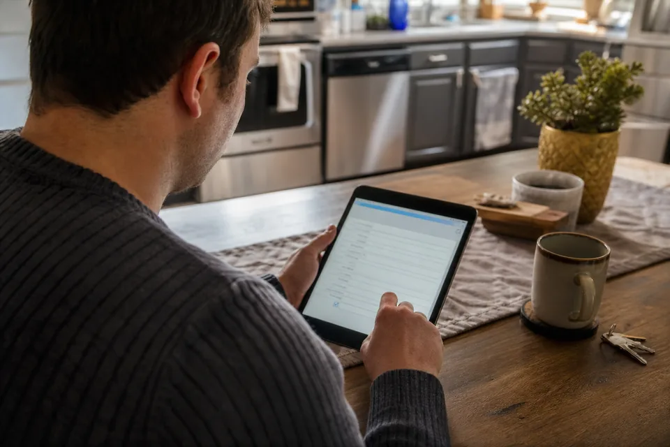Homeowner filling out an insurance quote form on a tablet at his kitchen table