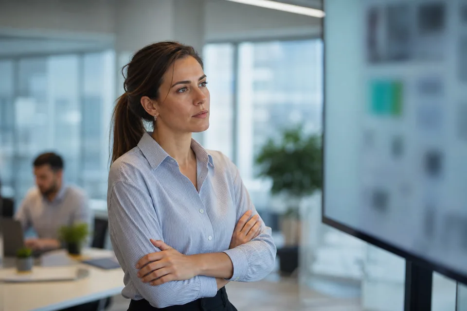 Marketing lead reviewing an SMS program overview on a large monitor in a bright office