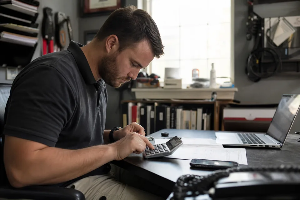 Operations manager adding up monthly texting credits with a calculator and laptop