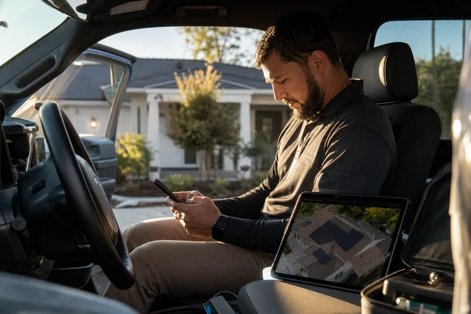 Solar sales rep in a truck replying to a lead by text between appointments
