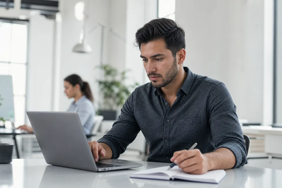 Sales development rep planning a follow up sequence on a laptop with a notebook beside it
