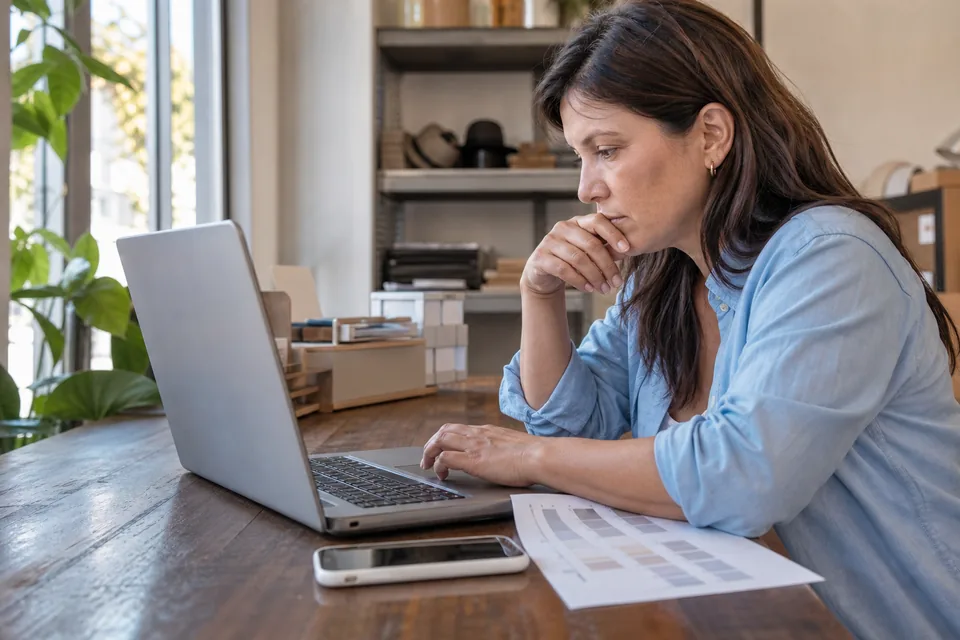 Retail business owner reviewing a monthly texting software bill on a laptop
