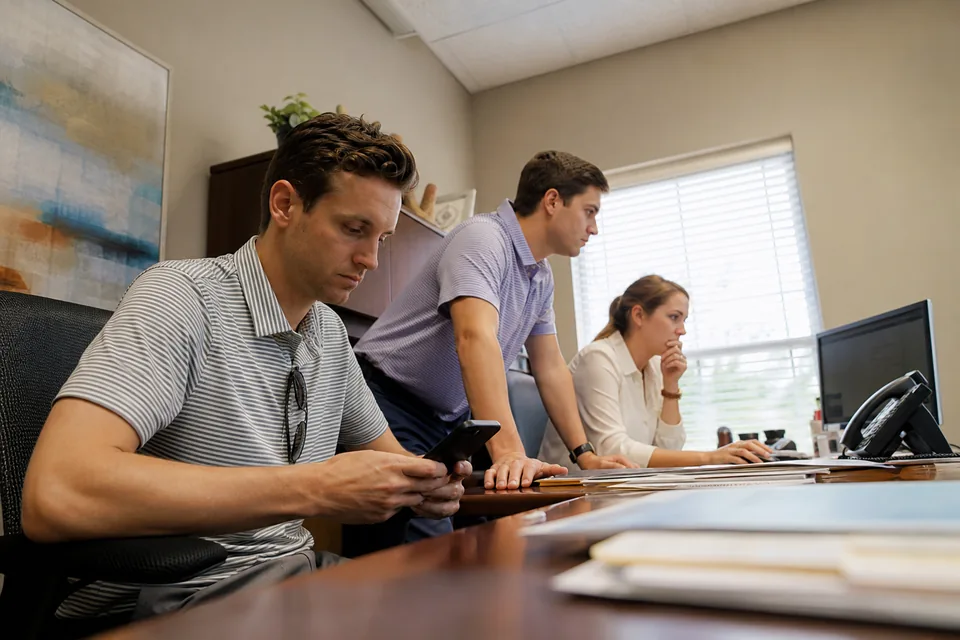 Sales manager and two reps working through leads on phones and a shared screen