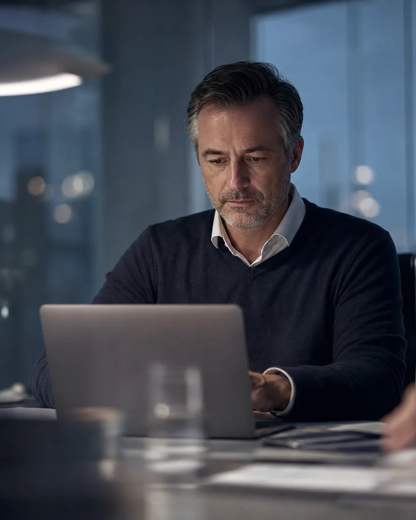 Head of revenue operations reviewing a report on a laptop in a glass meeting room