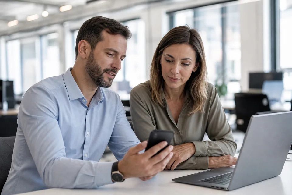 Sales manager and a rep reviewing a text conversation with a lead on a phone